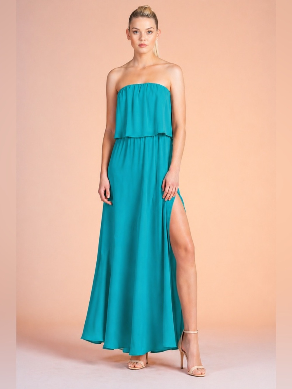 Vici Tyche Strapless Maxi Dress Teal Flowy Slit Formal Wedding Guest XS